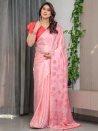 Soft Baby Pink Satin Georgette Saree with Love Letter & Stamp Motif Print and Attached Coral Red Plain Blouse – 5.5 Meter Romantic Designer Saree for Valentine’s Day & Anniversary Wear