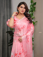 Blush Pink Satin Georgette Saree with All-Over Love Typography Print and Attached Matching Printed Blouse – 5.5 Meter Romantic Designer Saree for Valentine’s Day & Anniversary Wear