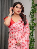 Blush Pink Satin Georgette Love-Themed Printed Saree with Romantic Heart & Typography Motifs and Matching Blouse