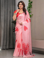 Blush Peach Satin Georgette Romantic Printed Saree with Heart Tree, Proposal Couple Artwork & Matching Blouse