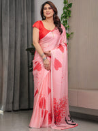 Blush Peach Satin Georgette Romantic Printed Saree with Heart Tree, Proposal Couple Artwork & Matching Blouse