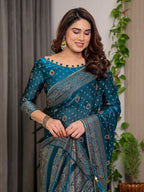 Peacock Teal Fendi Satin Block & Foil Printed Saree with Traditional Motifs, Tassel Edges & Attached Blouse