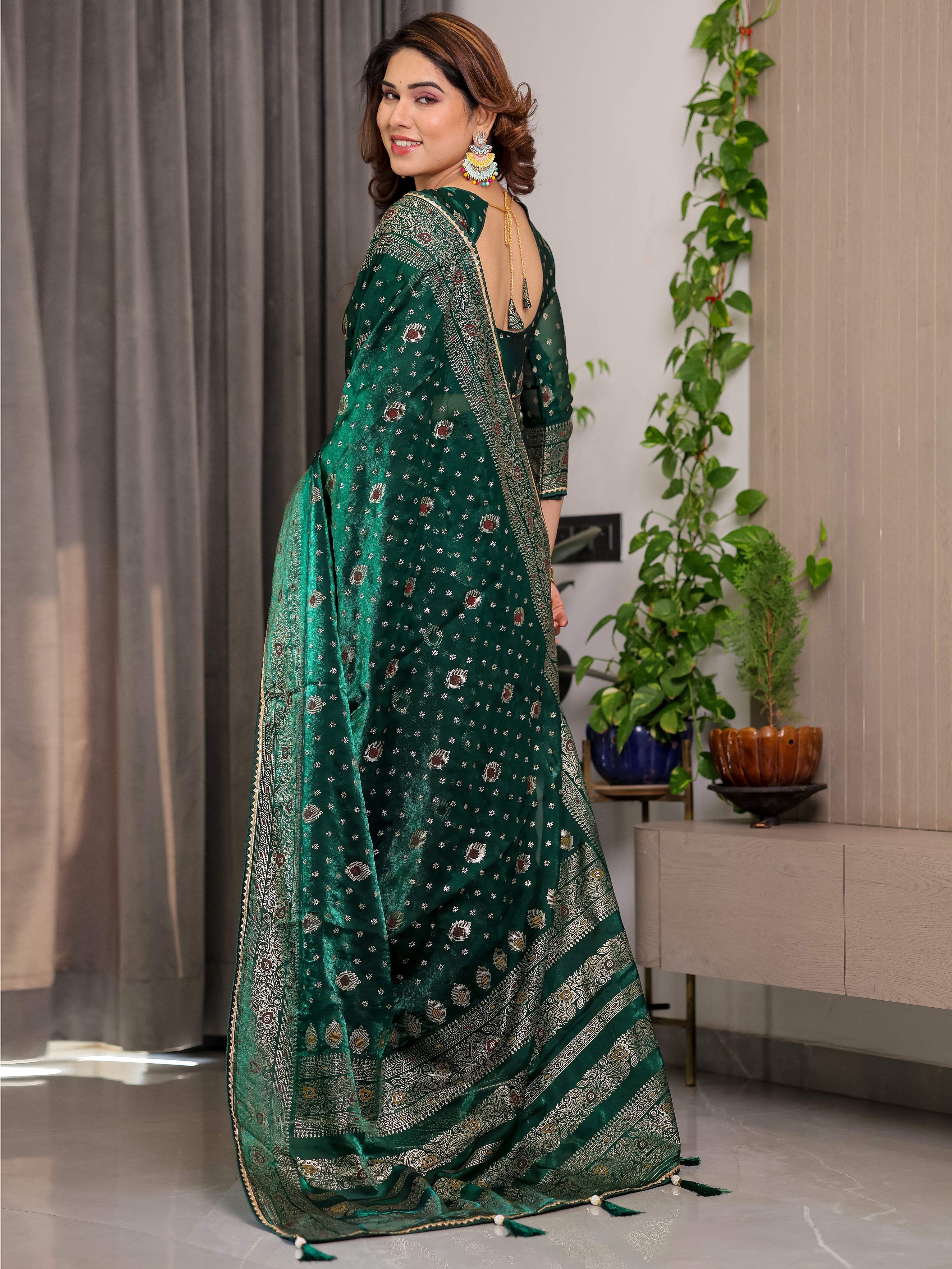 Emerald Green Fendi Satin Block & Foil Printed Saree with Traditional Butti Motifs, Tassel Edges & Attached Blouse