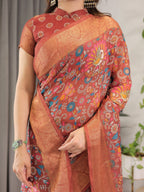 Rust Orange Cotton Linen Saree with Multicolor Floral Print & Zari Border | With Blouse