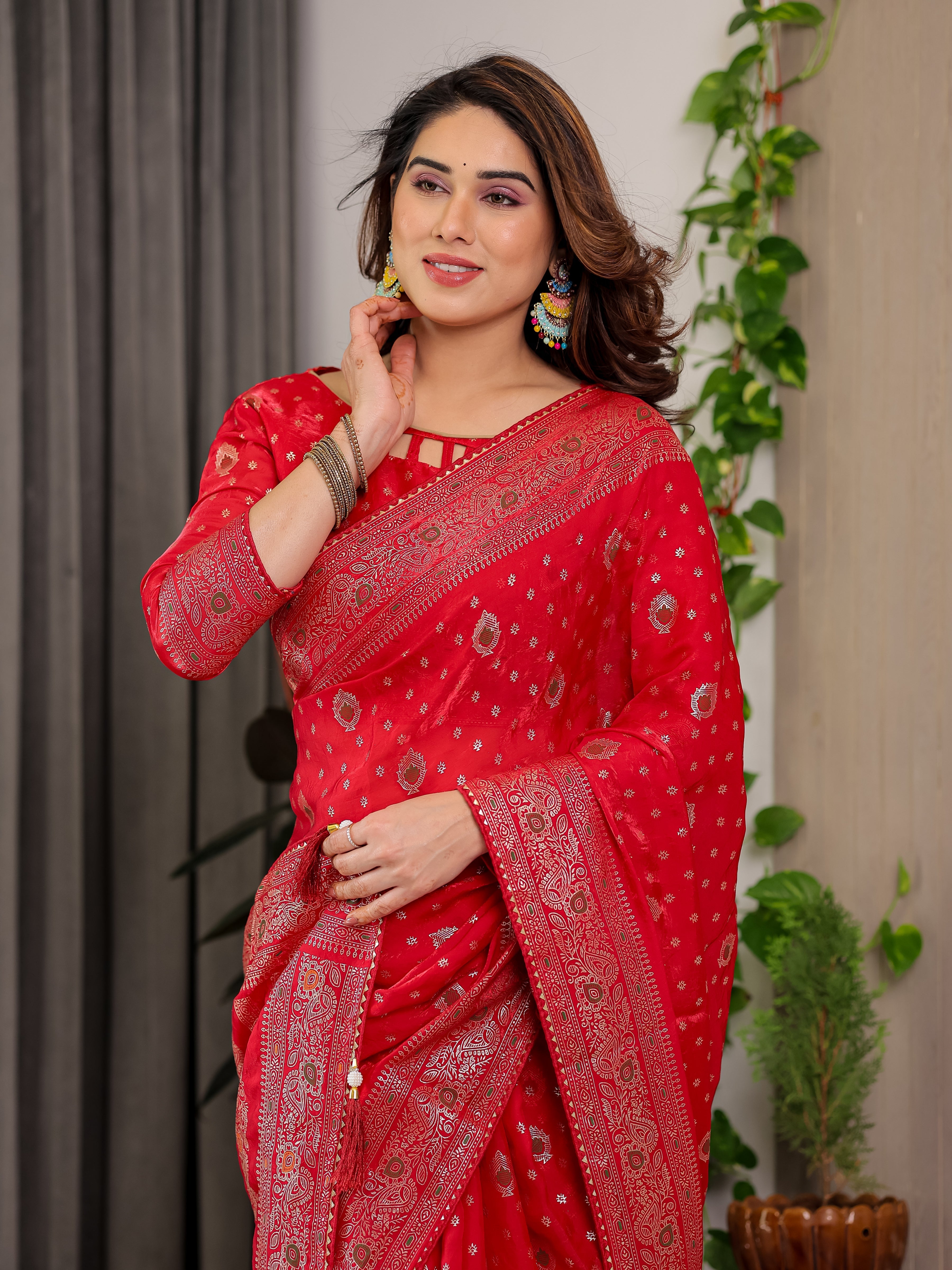 Classic Red Fendi Satin Block & Foil Printed Saree with Traditional Butti Motifs, Tassel Edges & Attached Blouse