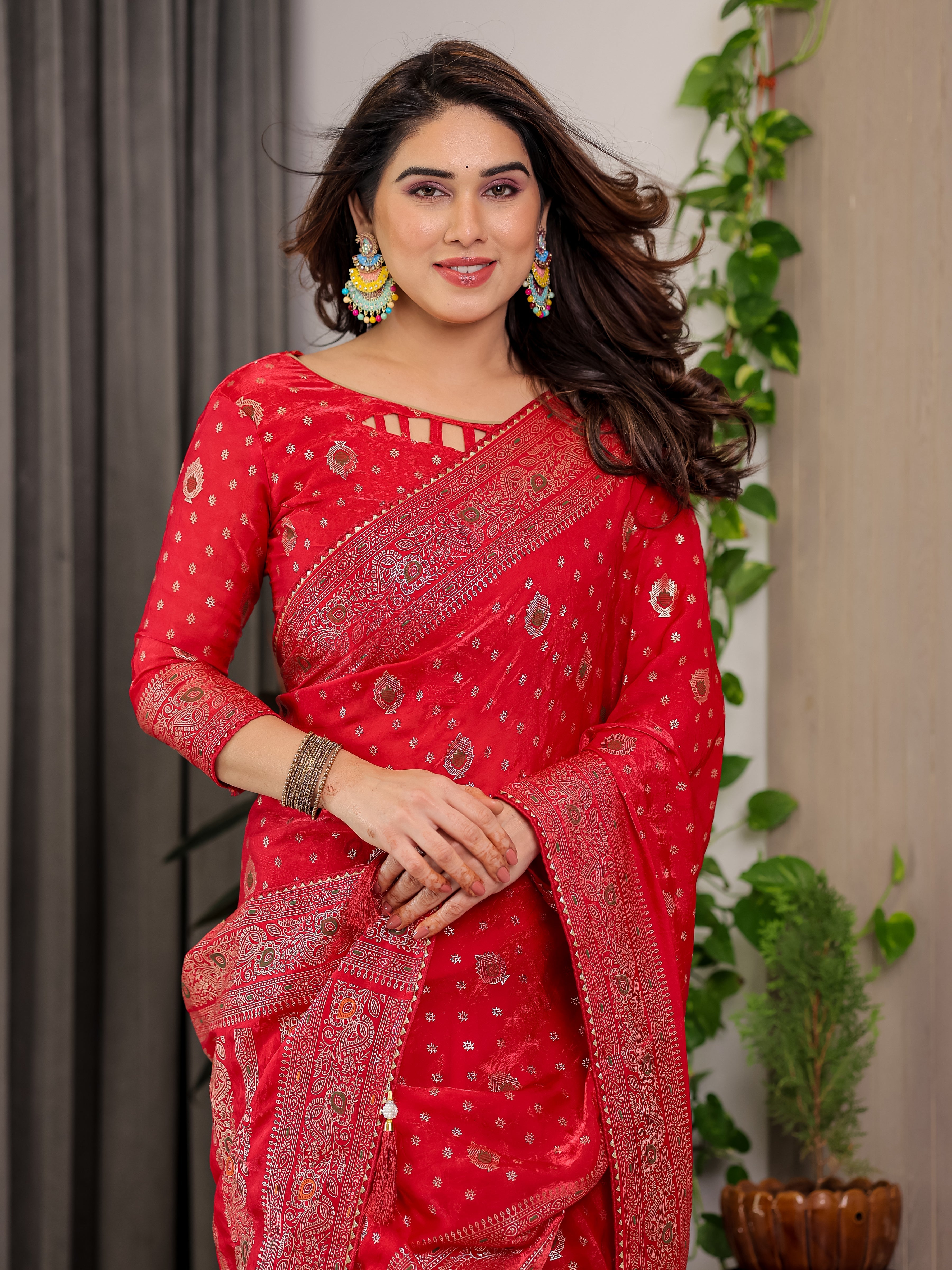 Classic Red Fendi Satin Block & Foil Printed Saree with Traditional Butti Motifs, Tassel Edges & Attached Blouse