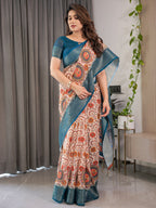 Off-White Cotton Linen Saree with Teal Zari Border & Multicolor Floral Mandala Print | With Blouse Piece
