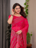Rani Pink Fendi Satin Block & Foil Printed Saree with Traditional Butti Motifs, Tassel Edges & Attached Blouse