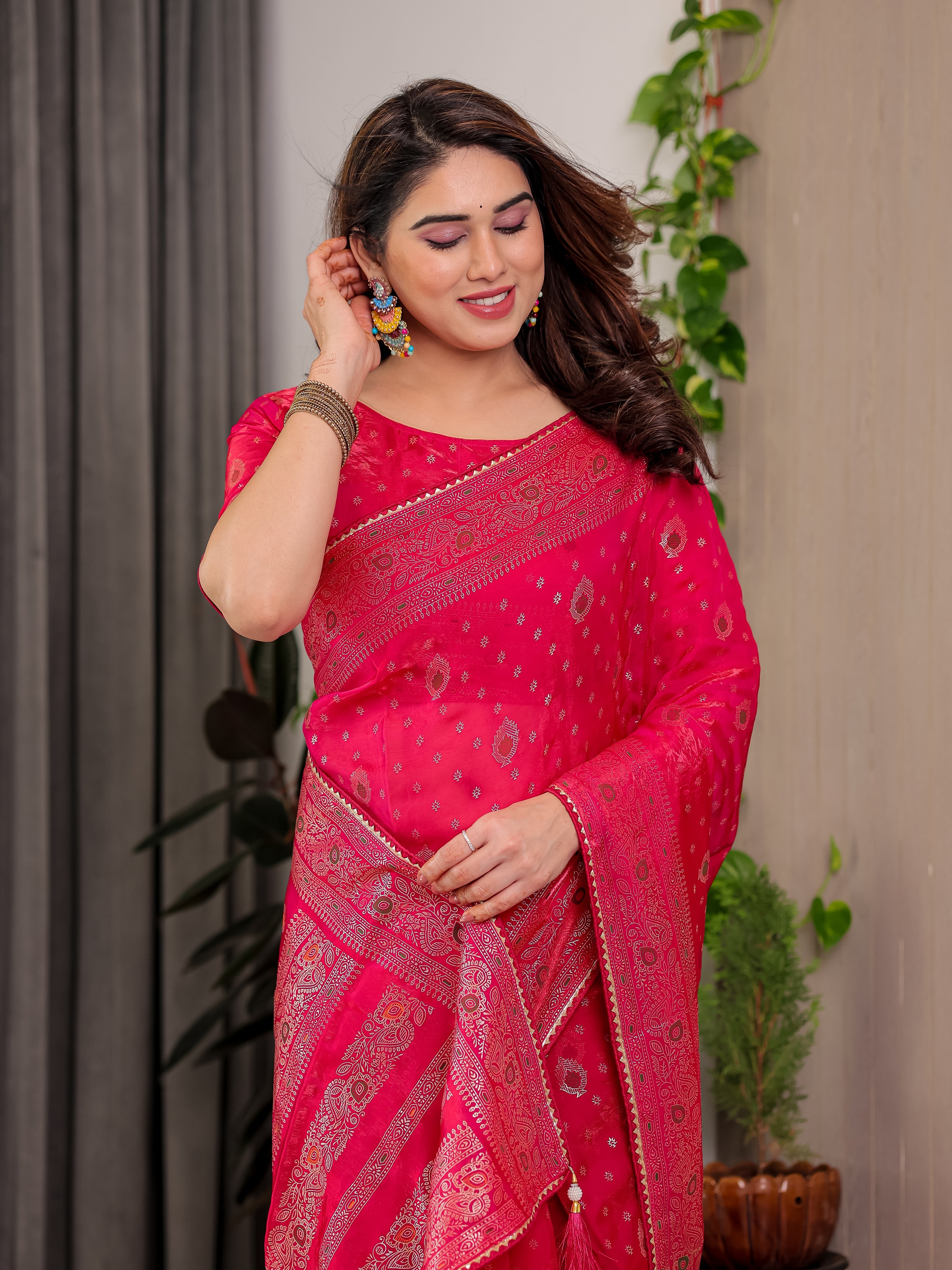 Rani Pink Fendi Satin Block & Foil Printed Saree with Traditional Butti Motifs, Tassel Edges & Attached Blouse