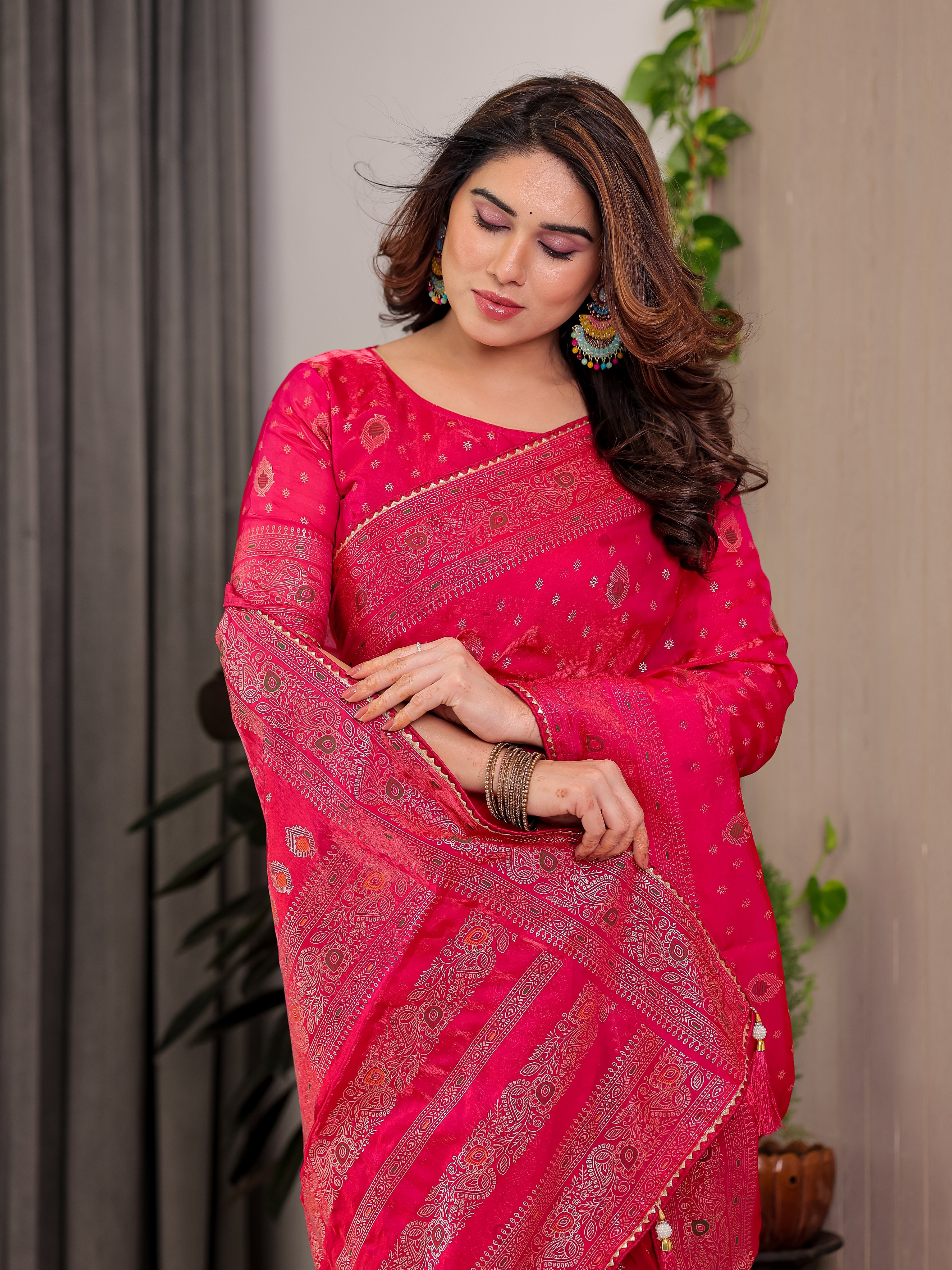 Rani Pink Fendi Satin Block & Foil Printed Saree with Traditional Butti Motifs, Tassel Edges & Attached Blouse