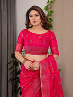 Rani Pink Fendi Satin Block & Foil Printed Saree with Traditional Butti Motifs, Tassel Edges & Attached Blouse
