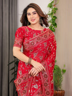 Crimson Red Fendi Satin Floral Block & Foil Printed Saree with Ornamental Border, Tassel Edges & Attached Blouse