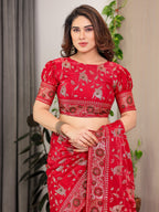 Crimson Red Fendi Satin Floral Block & Foil Printed Saree with Ornamental Border, Tassel Edges & Attached Blouse
