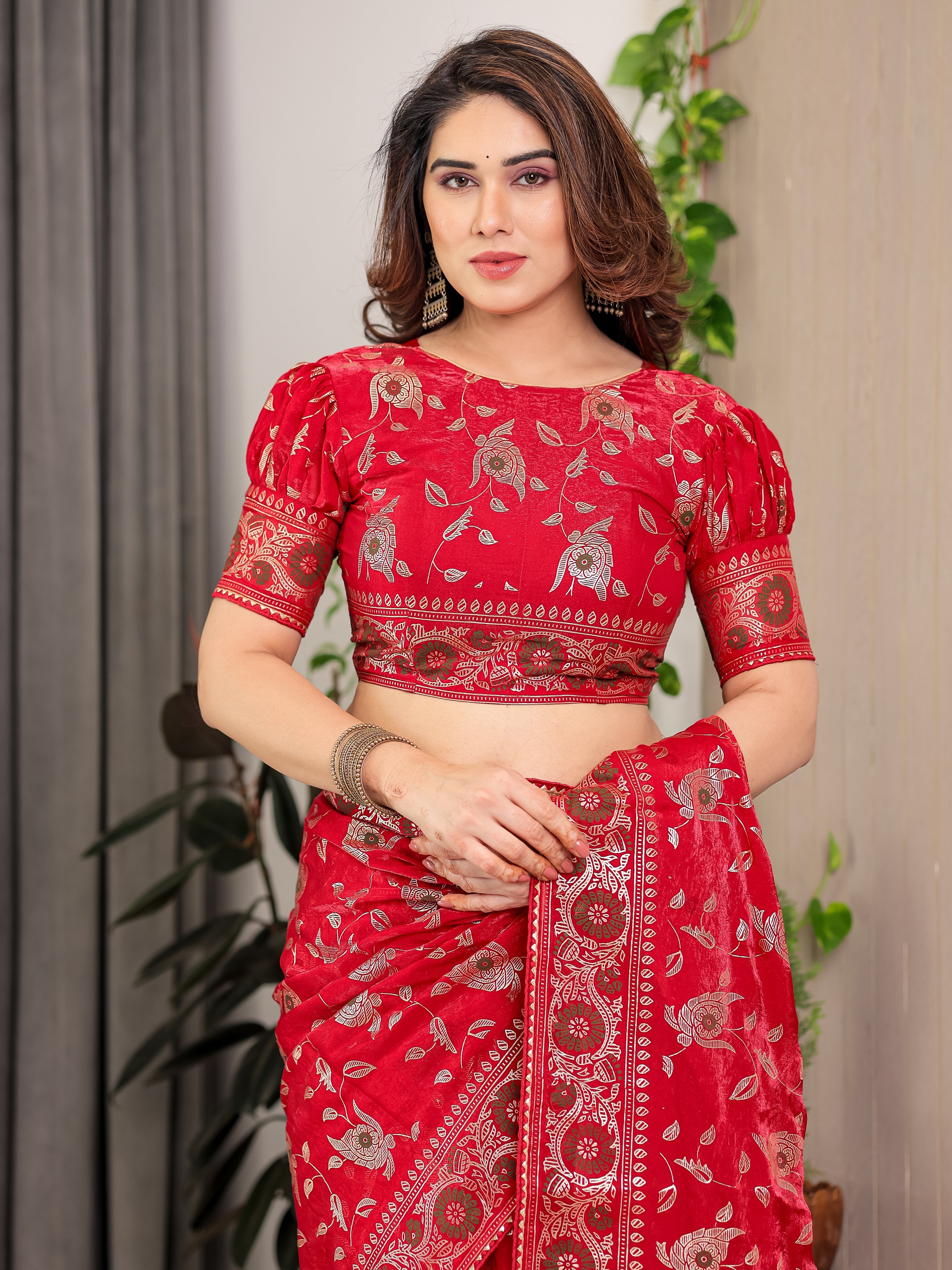 Crimson Red Fendi Satin Floral Block & Foil Printed Saree with Ornamental Border, Tassel Edges & Attached Blouse