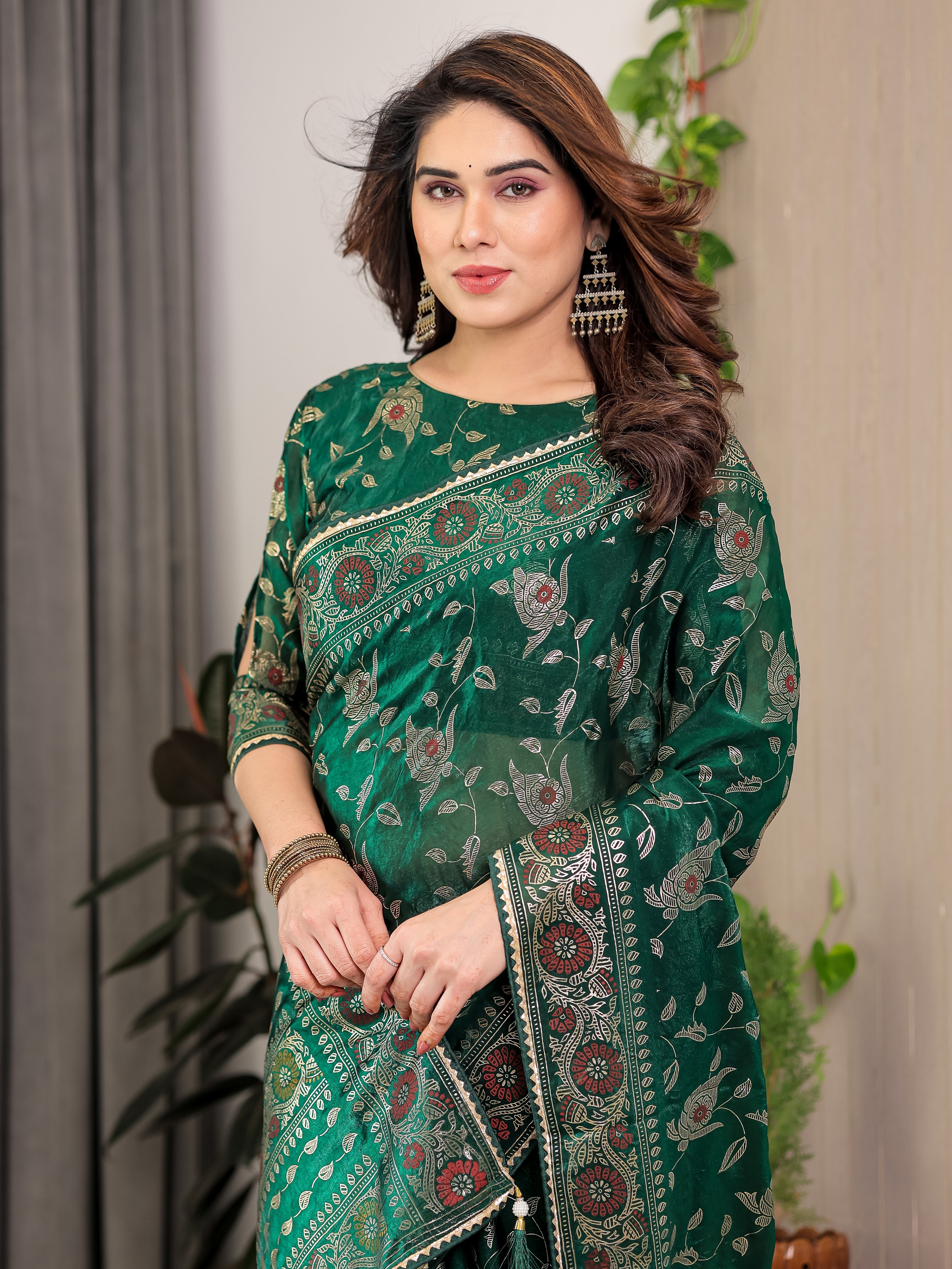 Emerald Green Fendi Satin Floral Block & Foil Printed Saree with Ornamental Border, Tassel Edges & Attached Blouse