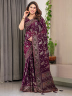 Plum Purple Fendi Satin Floral Block & Foil Printed Saree with Ornamental Border, Tassel Edges & Attached Blouse