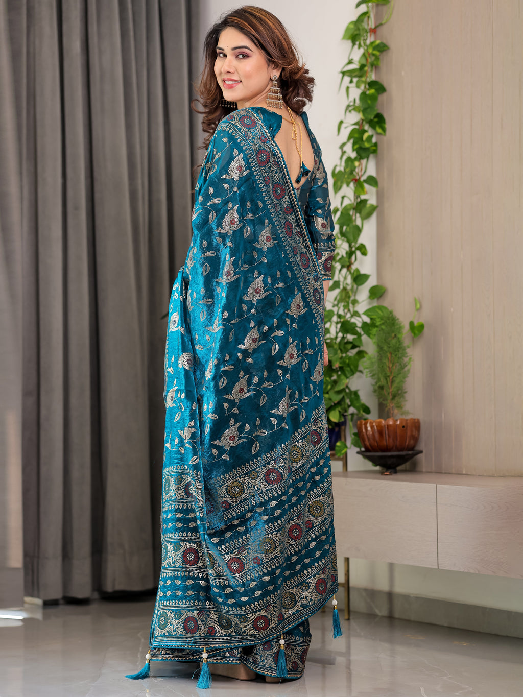 Peacock Blue Fendi Satin Floral Block & Foil Printed Saree with Ornamental Border, Tassel Edges & Attached Blouse