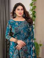 Peacock Blue Fendi Satin Floral Block & Foil Printed Saree with Ornamental Border, Tassel Edges & Attached Blouse