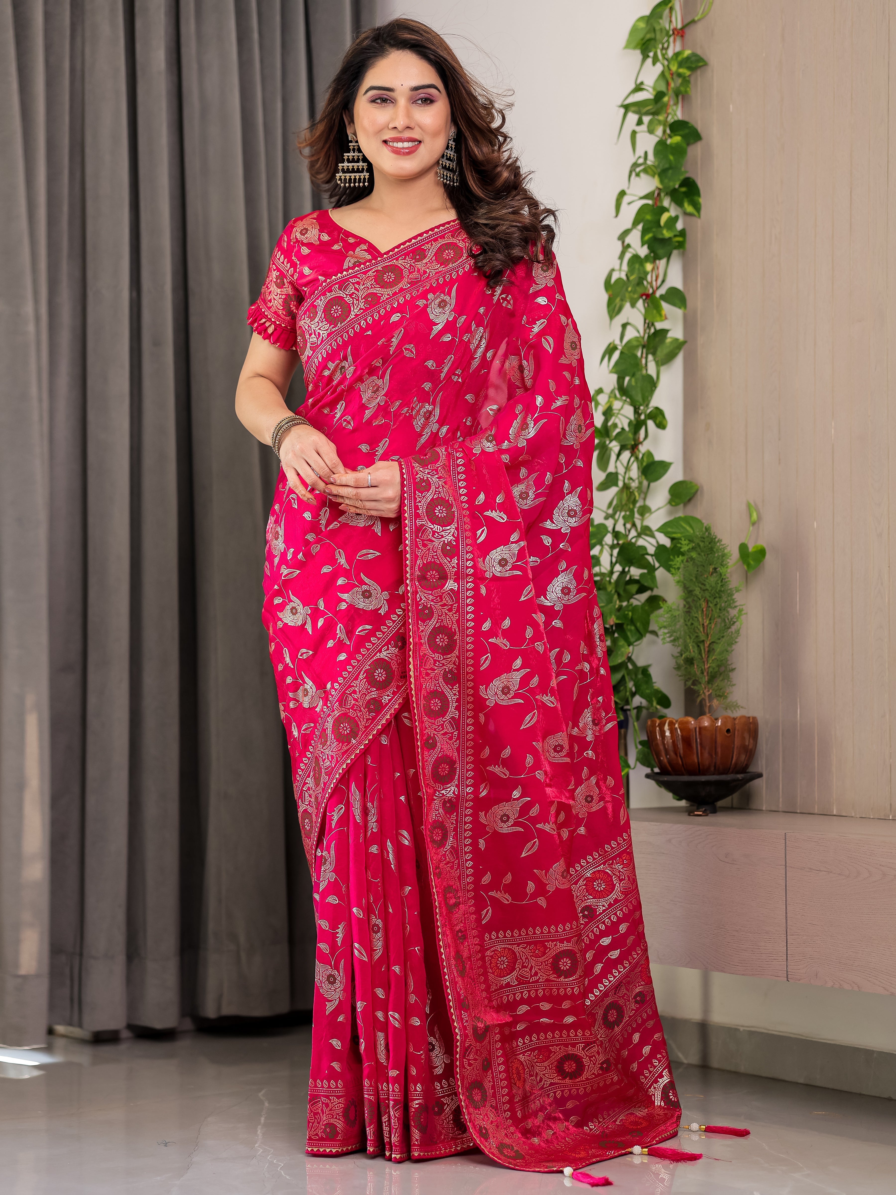 Magenta Pink Fendi Satin Floral Block & Foil Printed Saree with Ornamental Border, Tassel Edges & Attached Blouse