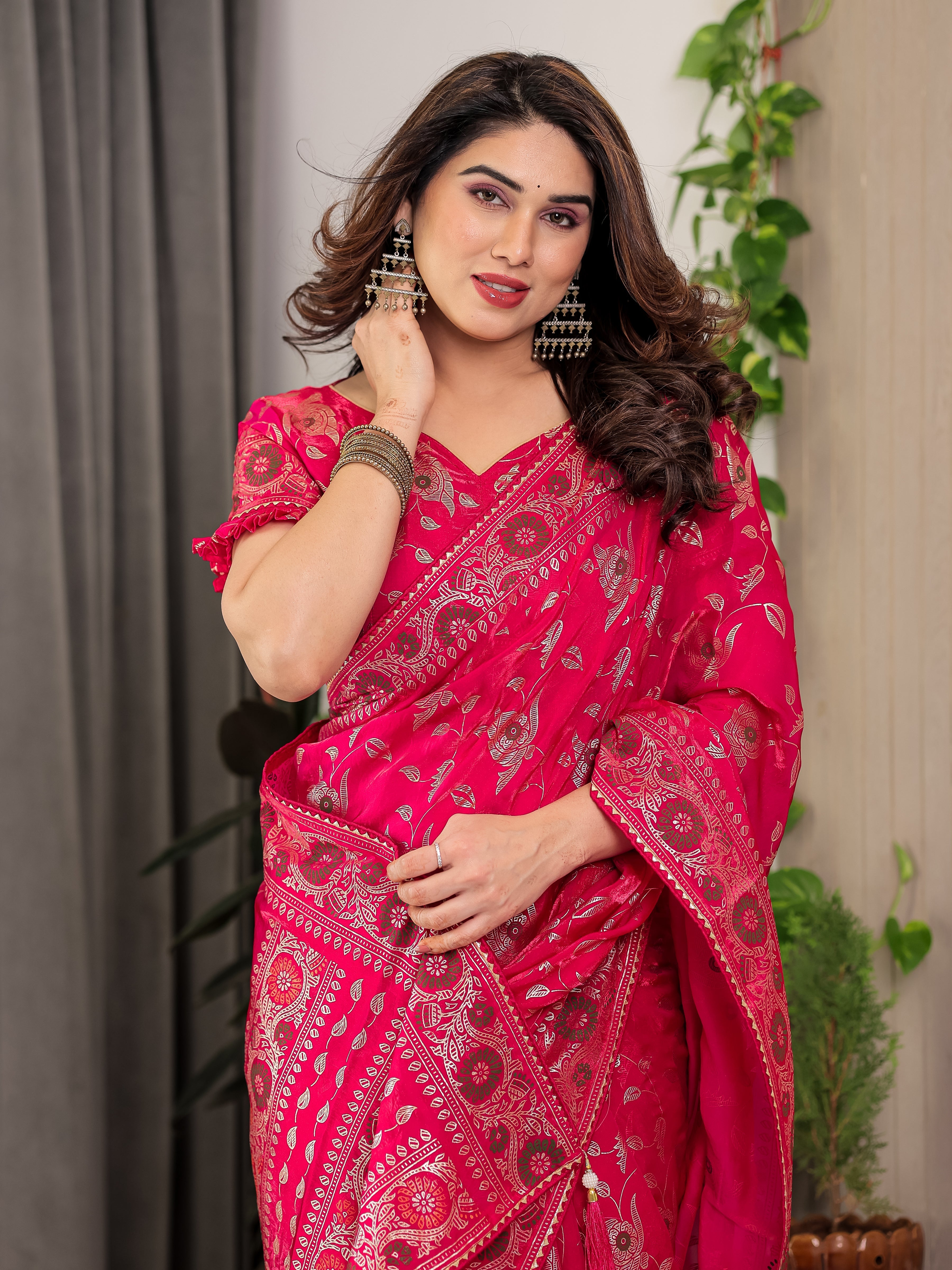 Magenta Pink Fendi Satin Floral Block & Foil Printed Saree with Ornamental Border, Tassel Edges & Attached Blouse