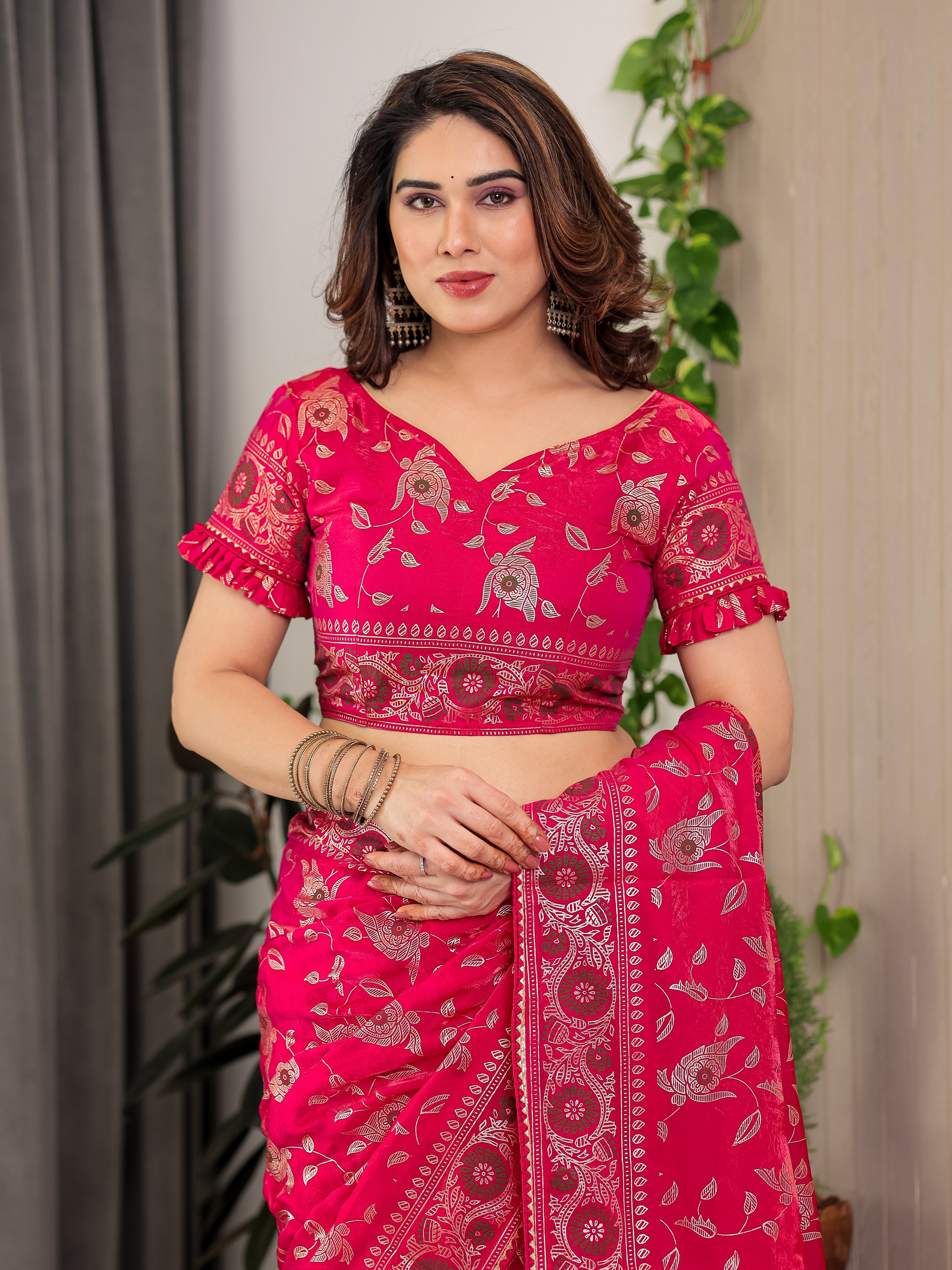 Magenta Pink Fendi Satin Floral Block & Foil Printed Saree with Ornamental Border, Tassel Edges & Attached Blouse