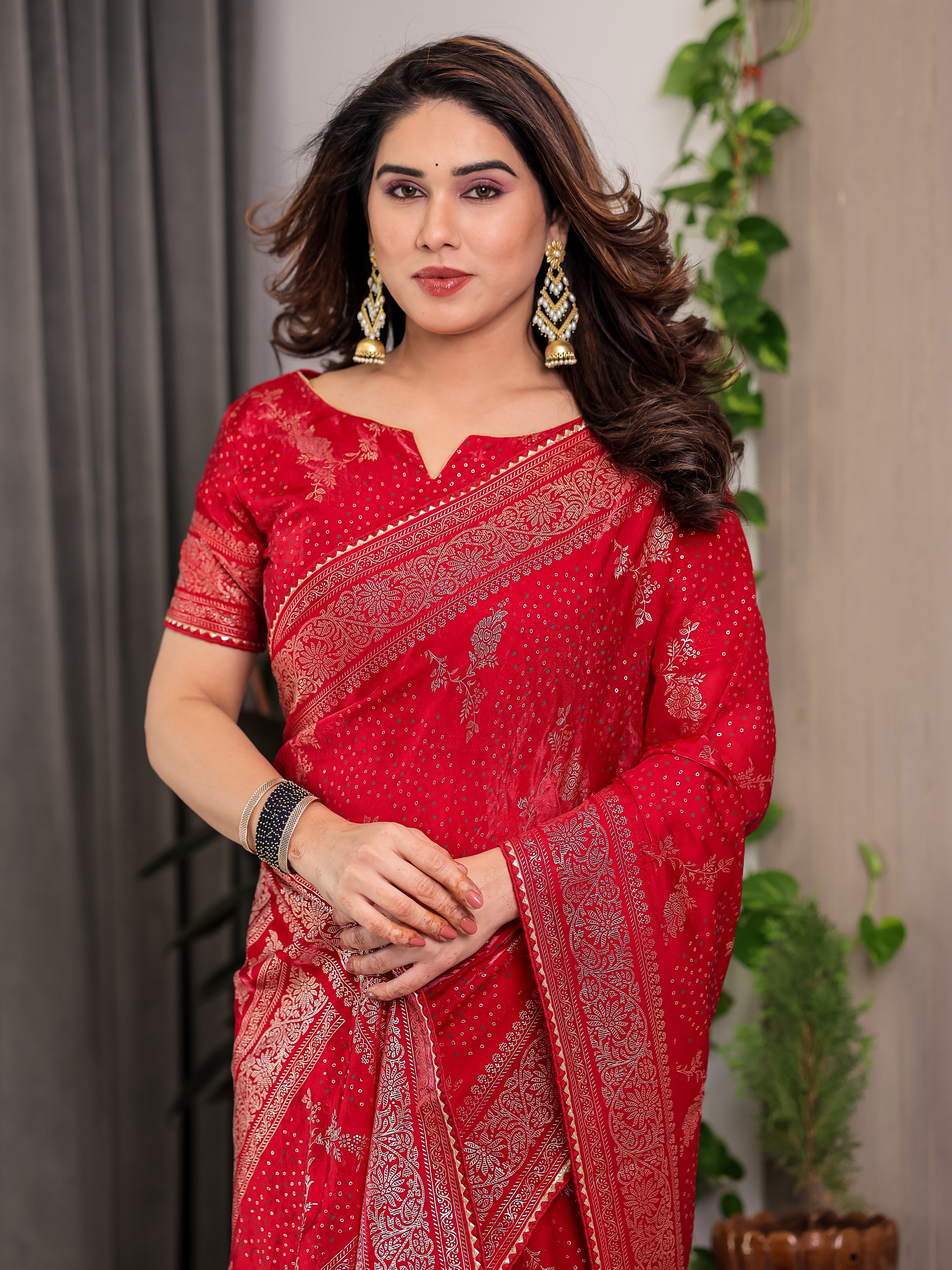 Bridal Red Fendi Satin Floral Block & Foil Printed Saree with Ornamental Border, Tassel Edges & Attached Blouse