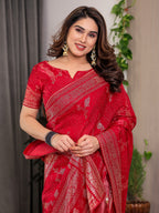 Bridal Red Fendi Satin Floral Block & Foil Printed Saree with Ornamental Border, Tassel Edges & Attached Blouse