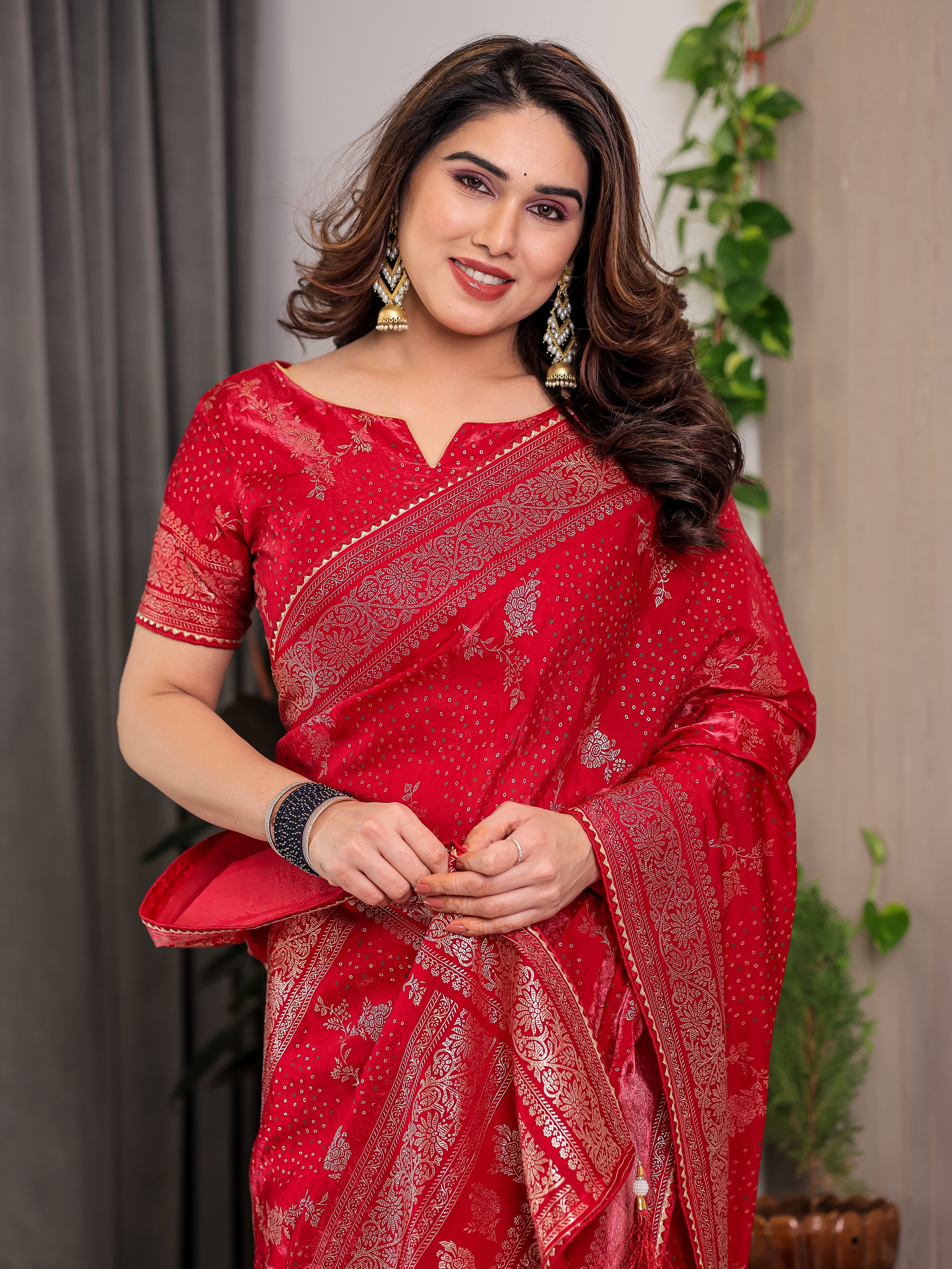 Bridal Red Fendi Satin Floral Block & Foil Printed Saree with Ornamental Border, Tassel Edges & Attached Blouse