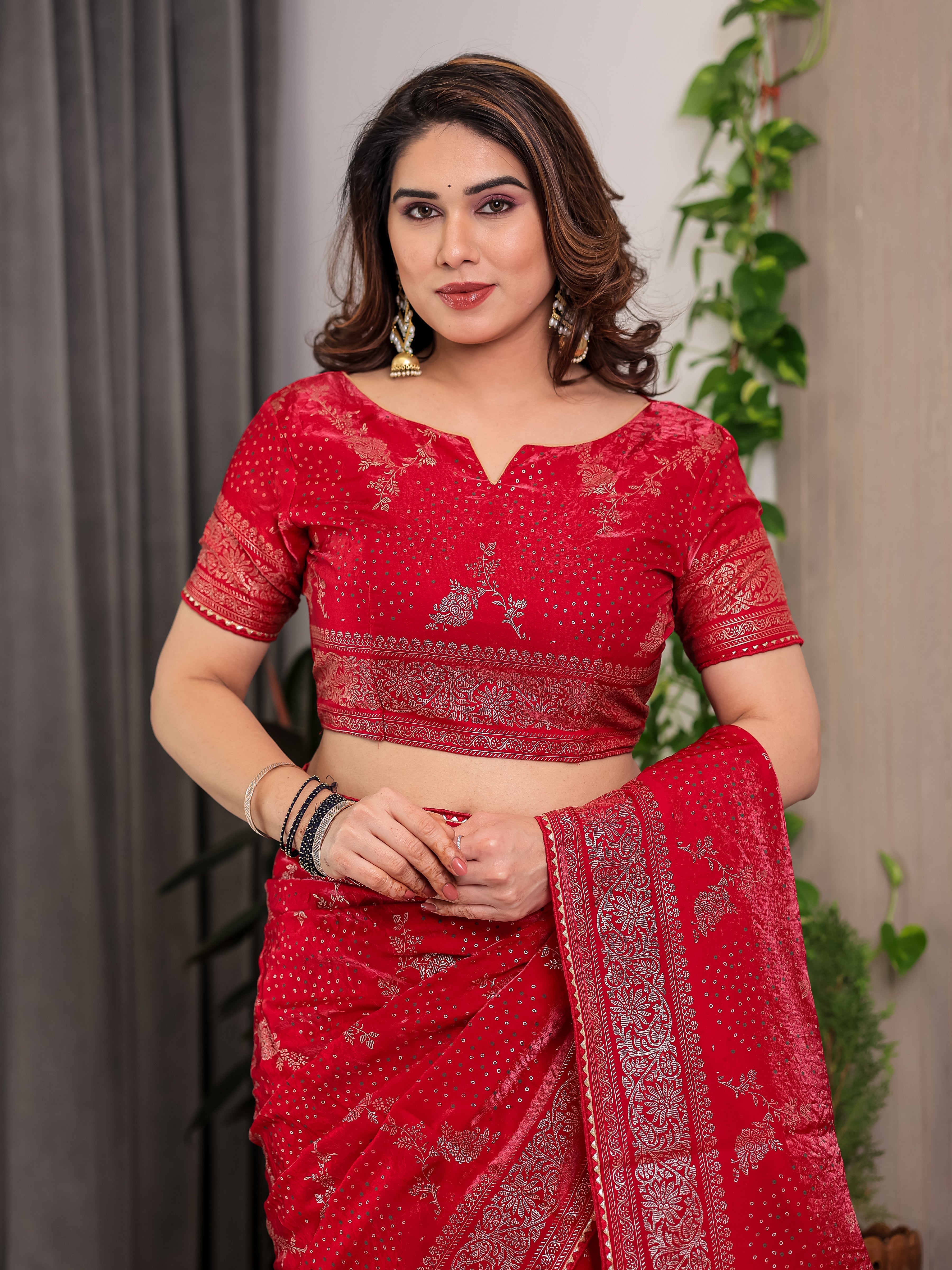 Bridal Red Fendi Satin Floral Block & Foil Printed Saree with Ornamental Border, Tassel Edges & Attached Blouse