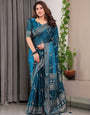 Teal Blue Fendi Satin Floral Block & Foil Printed Saree with Ornamental Border, Tassel Edges & Attached Blouse