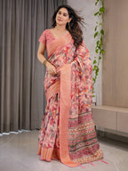 Peach Pink Cotton Linen Saree with Zari Border & Tribal Pallu | Floral Print | With Blouse
