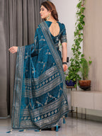 Teal Blue Fendi Satin Floral Block & Foil Printed Saree with Ornamental Border, Tassel Edges & Attached Blouse