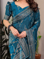Teal Blue Fendi Satin Floral Block & Foil Printed Saree with Ornamental Border, Tassel Edges & Attached Blouse