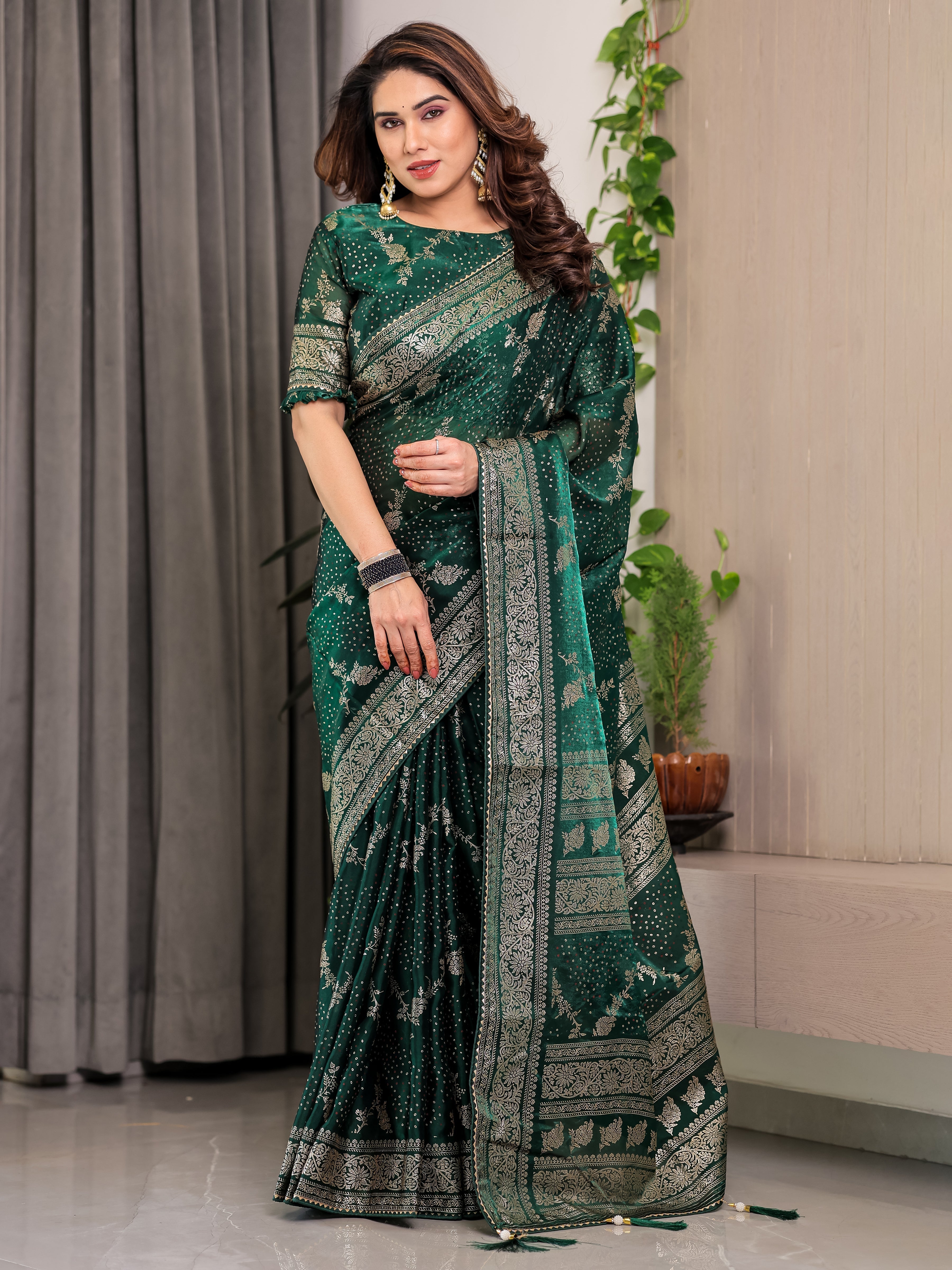 Bottle Green Fendi Satin Floral Block & Foil Printed Saree with Ornamental Border, Tassel Edges & Attached Blouse