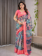 Vibrant Multicolor Cotton Linen Saree with Boho Patchwork Print & Zari Border | Festive Ethnic Wear | With Blouse