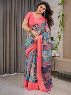 Vibrant Multicolor Cotton Linen Saree with Boho Patchwork Print & Zari Border | Festive Ethnic Wear | With Blouse