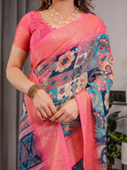 Vibrant Multicolor Cotton Linen Saree with Boho Patchwork Print & Zari Border | Festive Ethnic Wear | With Blouse