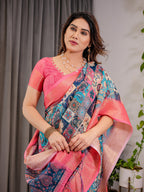 Vibrant Multicolor Cotton Linen Saree with Boho Patchwork Print & Zari Border | Festive Ethnic Wear | With Blouse