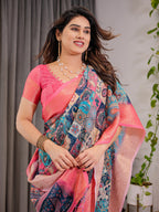 Vibrant Multicolor Cotton Linen Saree with Boho Patchwork Print & Zari Border | Festive Ethnic Wear | With Blouse