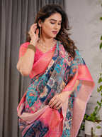Vibrant Multicolor Cotton Linen Saree with Boho Patchwork Print & Zari Border | Festive Ethnic Wear | With Blouse