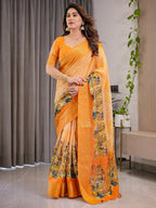 Vibrant Orange Cotton Linen Saree with Traditional Dance Motif Pallu & Zari Border | With Blouse