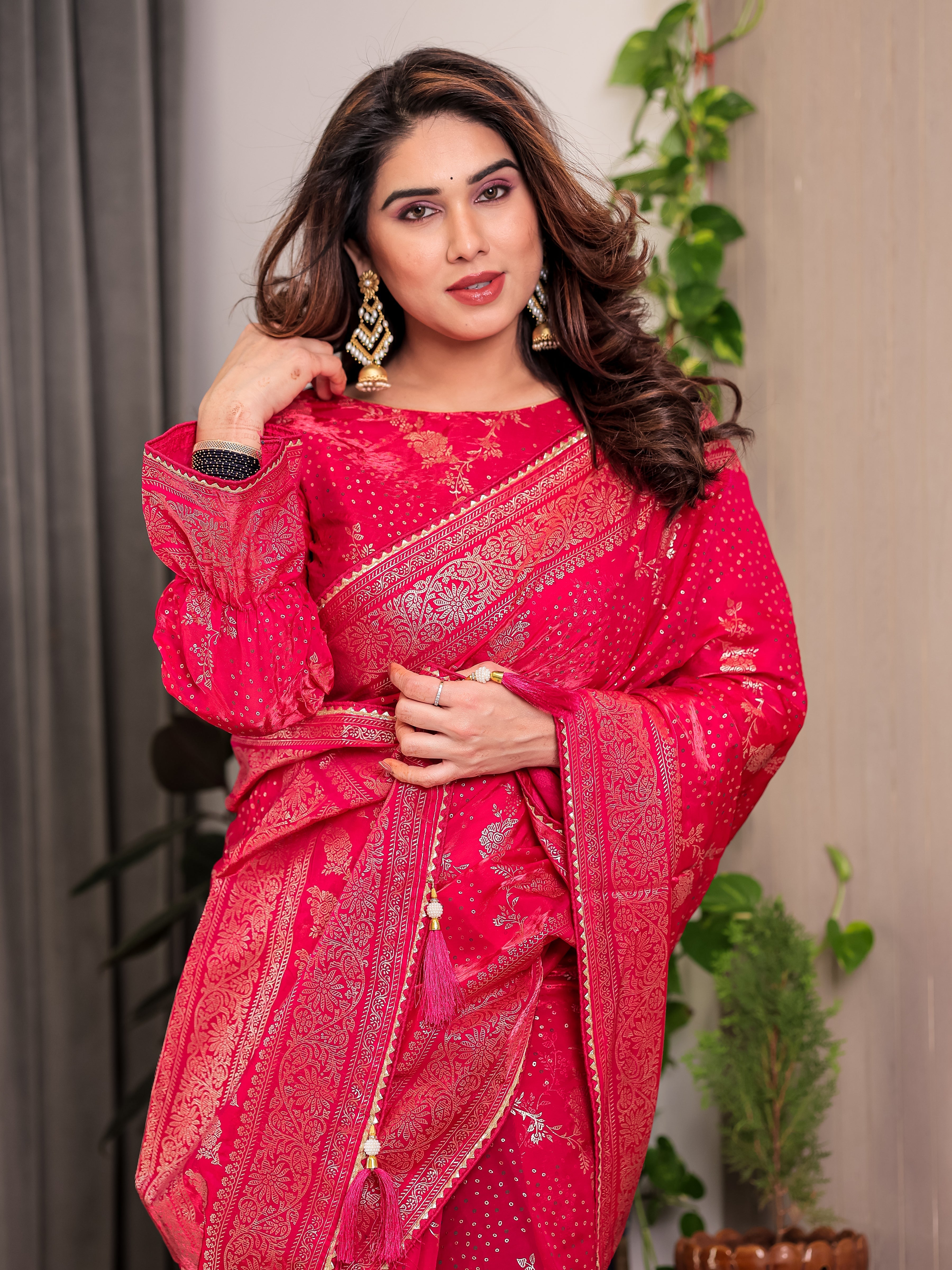 Rani Pink Fendi Satin Floral Block & Foil Printed Saree with Ornamental Border, Tassel Edges & Attached Blouse
