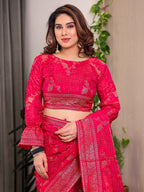 Rani Pink Fendi Satin Floral Block & Foil Printed Saree with Ornamental Border, Tassel Edges & Attached Blouse