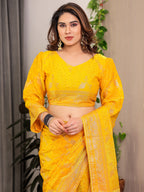Mustard Yellow Fendi Satin Floral Block & Foil Printed Saree with Ornamental Border, Tassel Edges & Attached Blouse