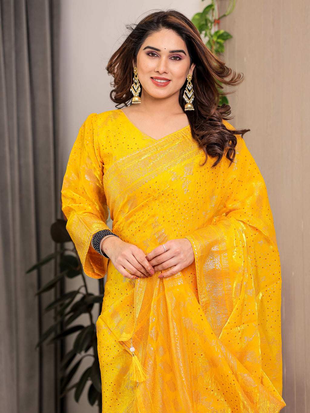 Mustard Yellow Fendi Satin Floral Block & Foil Printed Saree with Ornamental Border, Tassel Edges & Attached Blouse