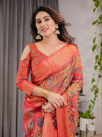 Rust Red Cotton Linen Saree with Madhubani Folk Art Pallu & Zari Border | Ethnic Digital Print | With Blouse Piece