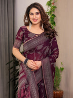 Wine Plum Fendi Satin Leafy Floral Block & Foil Printed Saree with Geometric Border, Tassel Edges & Attached Blouse