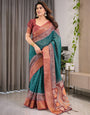 Teal Green Cotton Linen Saree with Rust Zari Border & Peacock Pallu | Ethnic Print | With Blouse