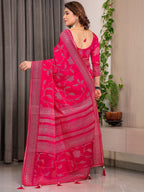Rani Pink Fendi Satin Leafy Floral Block & Foil Printed Saree with Ornamental Border, Tassel Edges & Attached Blouse