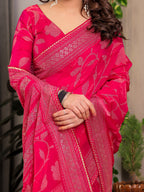 Rani Pink Fendi Satin Leafy Floral Block & Foil Printed Saree with Ornamental Border, Tassel Edges & Attached Blouse